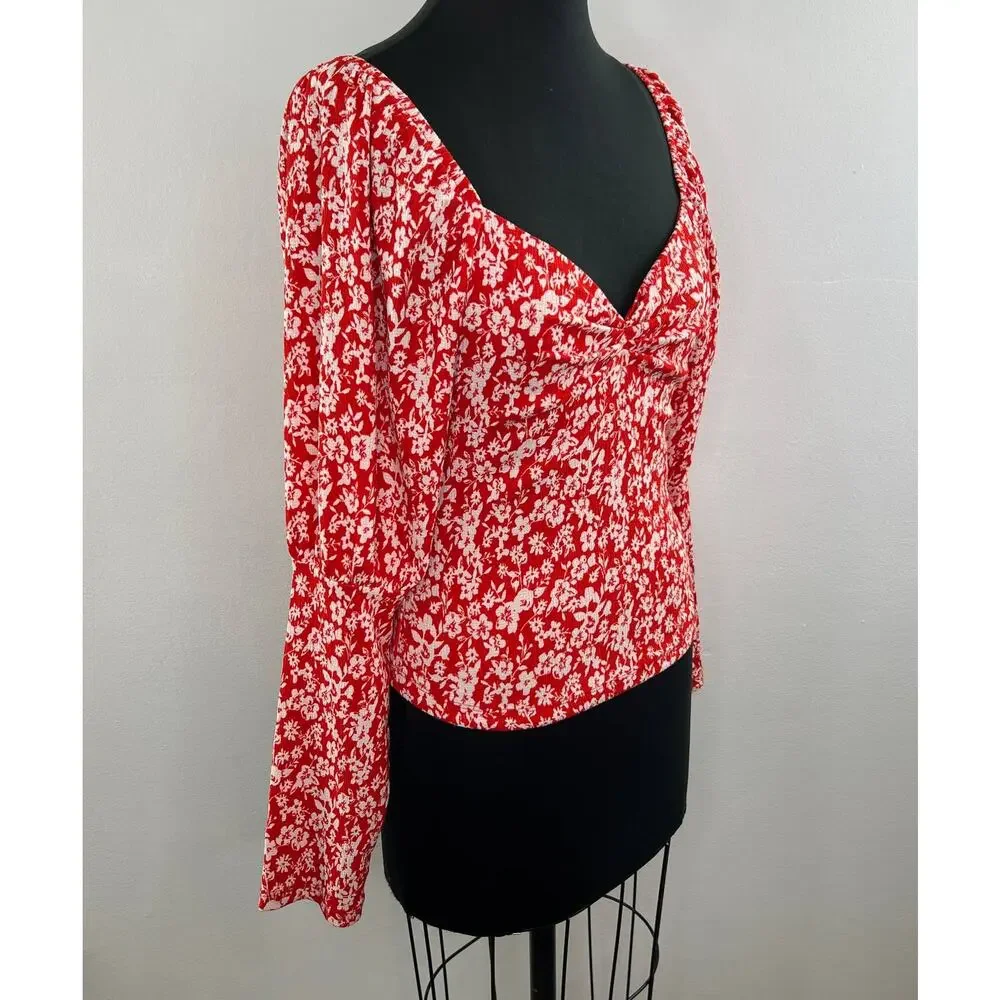 Anthropologie Red White Print Long Sleeve Puff Shoulder Sweetheart Neckline Sz M